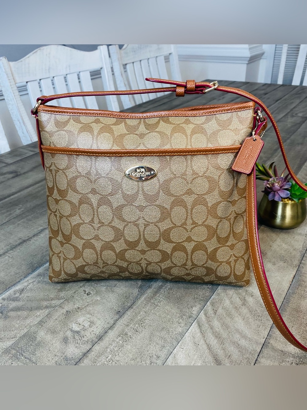 COACH F34938 Signature File Crossbody Bag Brown Tan Coated Canvas Handbag